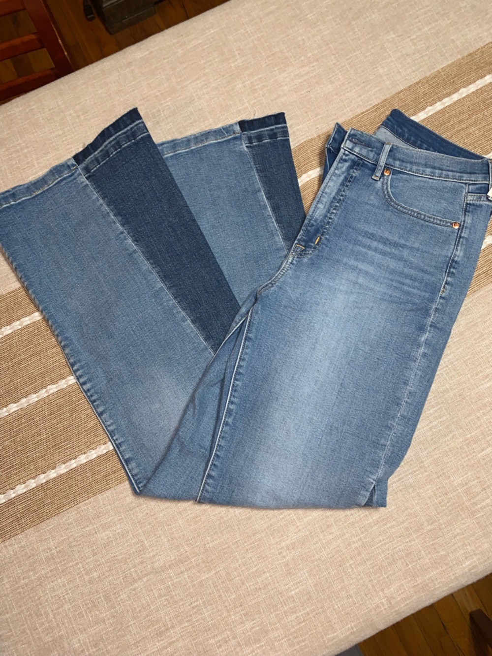 70s flare, high rise, Patchwork Panel Blue Denim Jeans $20